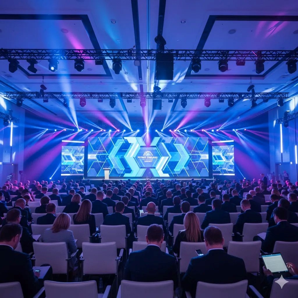 Modern Stage Design with Dynamic Blue-Pink Lighting Modules
