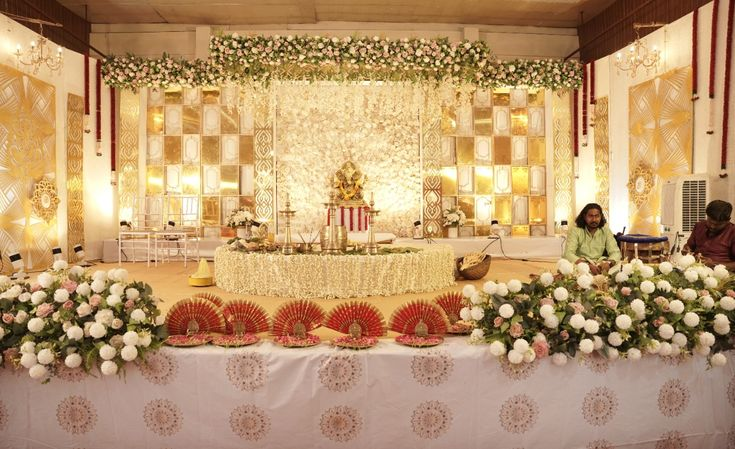 Grand Stage with Crystal Chandeliers & Gold Panels